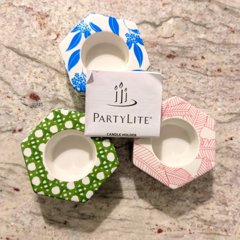 Partylite Ceramics 3 Hexagon Colorful Votive Tealight Candle Holders NEW Box - Picture 3 of 13